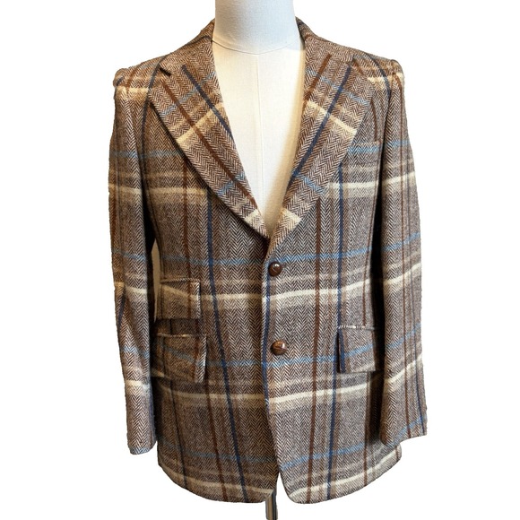 Vintage Don Robbie Blazer 38S Brown Plaid Herringbone Wool Jacket Sport Coat